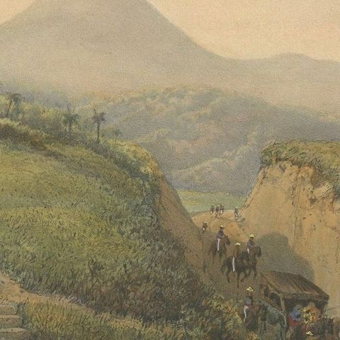 Landscape near Probolinggo with Smoking Volcano, Java Lithograph, c.1872, close-up 3