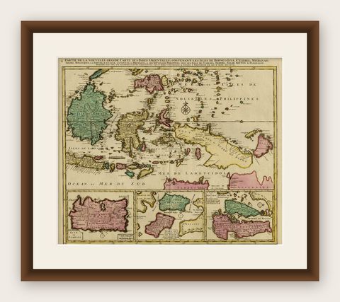 Old Map of Indonesian Islands Borneo, Celebes, New Guinea & New Britain, 1792, shown framed