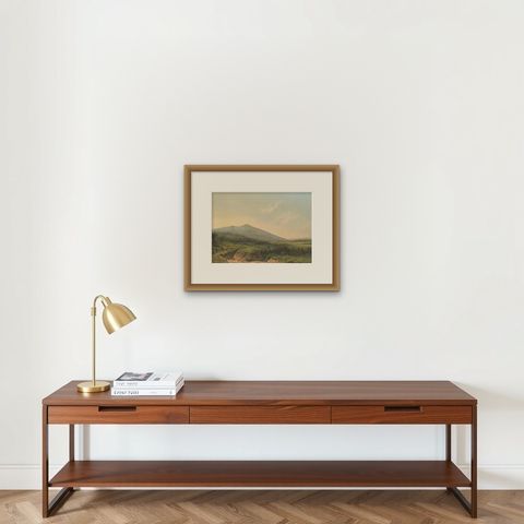 Mountain Landscape near Kedong Badak, Rare Java Lithograph from 1872, shown framed on a wall, true to size