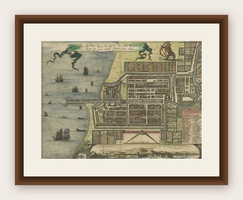 Rare 17th Century Map of Batavia and Castle on Java by Isaac de l'Obel, shown framed