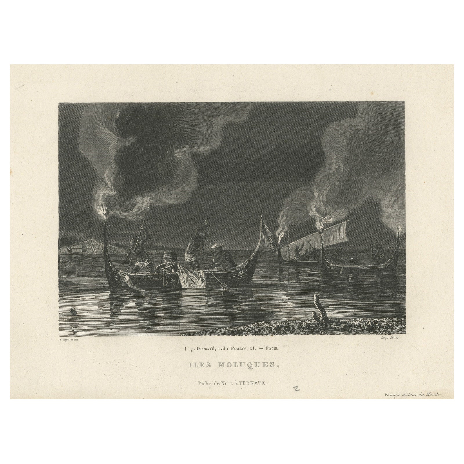 Antique Print of Night Fishing Near Ternate, Indonesia, Maluku Islands