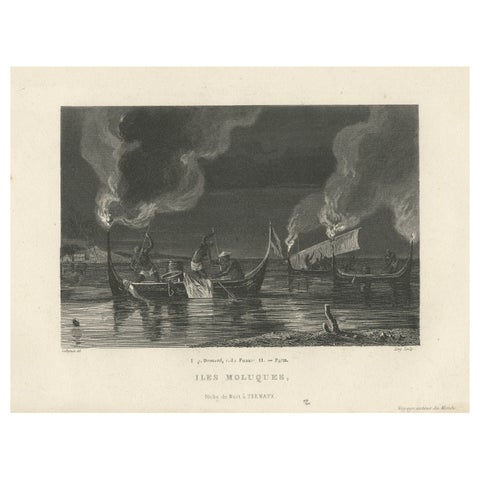 Antique Print of Night Fishing Near Ternate, Indonesia, Maluku Islands