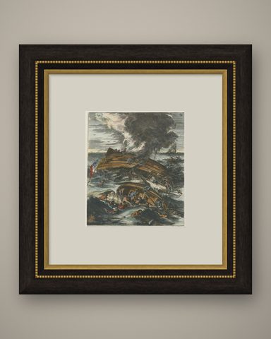 Capsizing Warships, Hand-Colored Etching of Schouten’s East Indian Voyage, 1676, shown framed