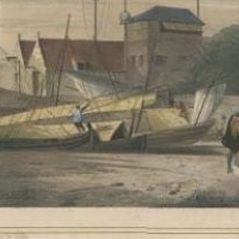Antique Print of a Loading Dock in Batavia, Dutch East Indies, 1844, close-up 1