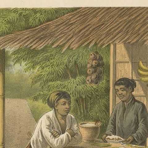 Antique Print of a Warong with Native People, Java, Indonesia, close-up 1