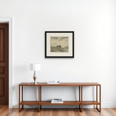 Old Antique Print of Fort Noordwijk, Batavia in the Dutch East Indies, 1739, shown framed on a wall, true to size