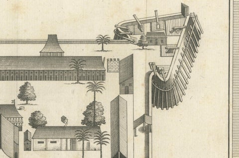 VOC Fort Nassau at Banda of The Spice Islands, Bird’s-eye View Engraving, c.1740, close-up 2