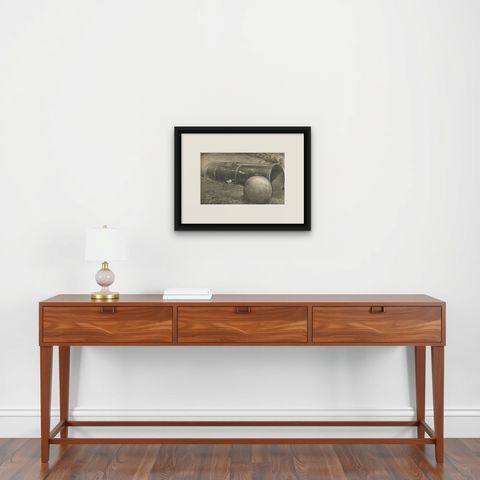 Antique Print with Huge Kanon and Occupation of Kraton in Aceh, Indonesia, 1874, shown framed on a wall, true to size