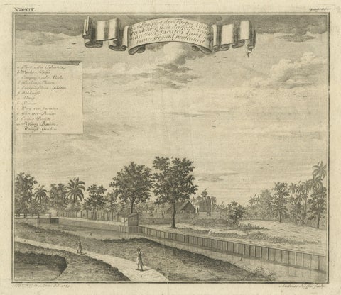 Old Antique Print of Fort Noordwijk, Batavia in the Dutch East Indies, 1739, close-up 1