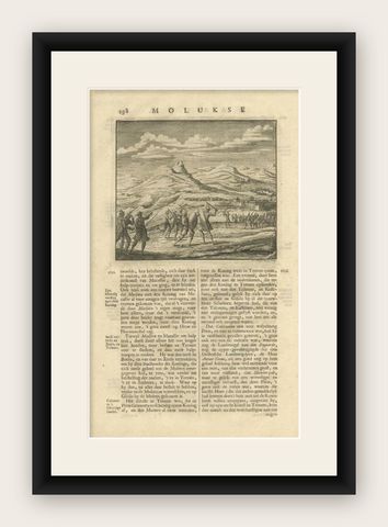 Antique Print of a Battle Scene at the Moluccas, Indonesia, 1726, shown framed