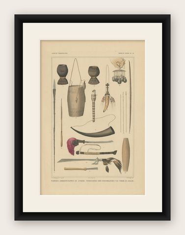 Print Weapons and Tools of Timor & Solor 'Indonesia' by Temminck, circa 1840, shown framed