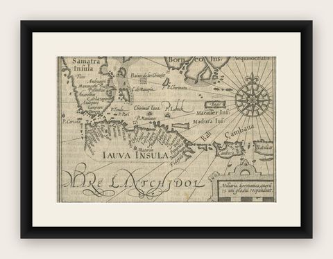 Rare Small Map of Sumatra, Java, Borneo, Macassar, Madura, Bali, 1614, shown framed