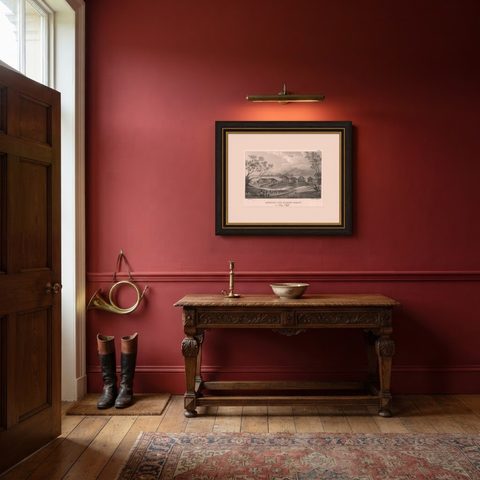 Original Lithograph with a Scene of a Village and Harbour in New Guinea, c.1836, shown framed in a room, true to size