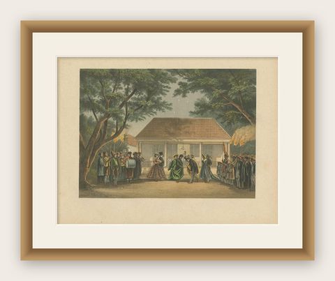 Antique Print of a Party in Batavia by M.T.H. Perelaer, 1888, shown framed