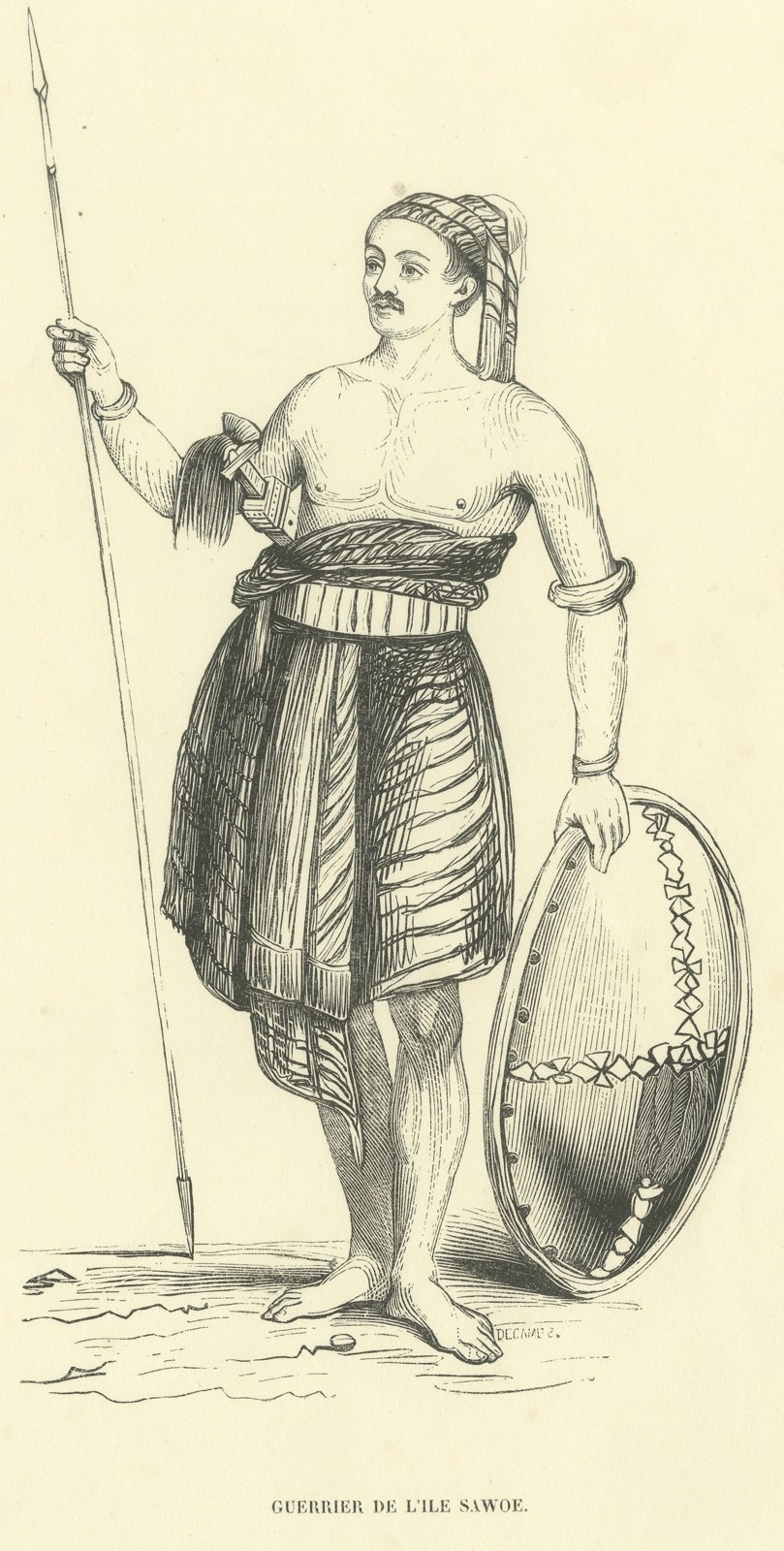 Warrior of the Island of Sawoe, Antique Wahlen Costume Print, 1843-1844