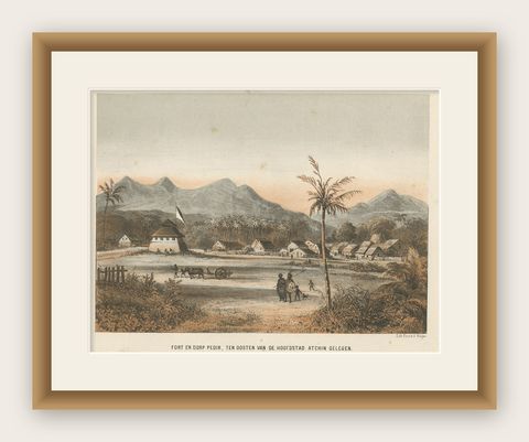 Nice Antique Asian Village View in Aceh, Sumatra, Indonesia, 1874, shown framed