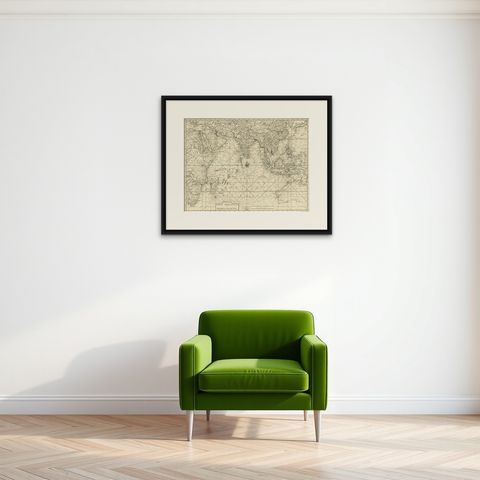 Antique Map of South East Asia, Australia and the Indian Ocean, 1726, shown framed on a wall, true to size