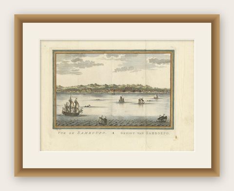 Antique Print of Samboupo ‘Sulawesi, Indonesia’ by J. van Schley, 1750, shown framed