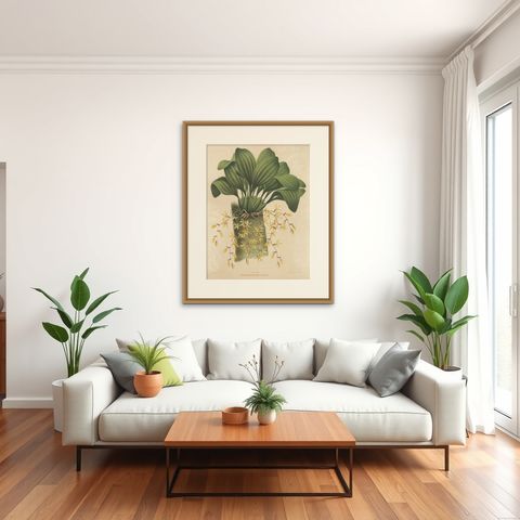 Large Orchid Illustrations of the Dutch East Indies: A Botanical Heritage, 1854, shown framed in a room, true to size