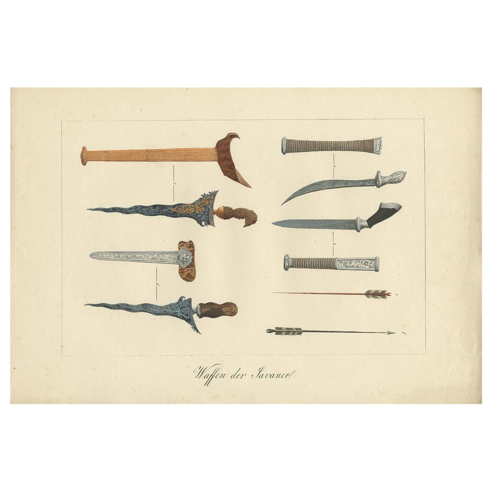 Decorative Antique Print of Traditional Weapons of the Javanese, Indonesia, 1830