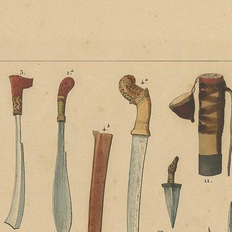 Antique Print with Weapons of Borneo 'Indonesia' by Temminck, circa 1840, close-up 1