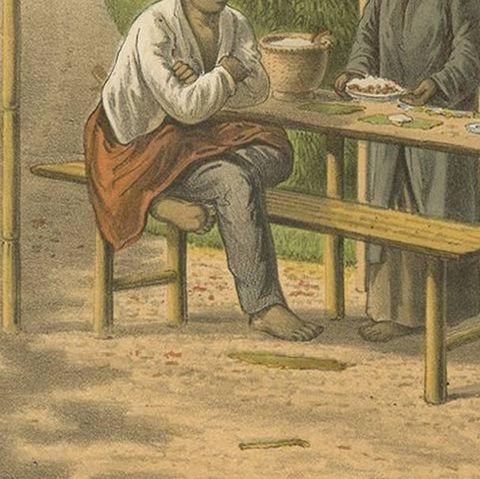 Antique Print of a Warong with Native People, Java, Indonesia, close-up 2