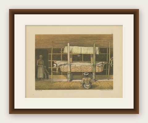 Antique Print of the 'Katafalk' of the Dayak Chief in Borneo, Indonesia, 1881, shown framed