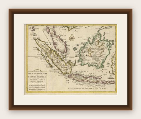 Antique Map of the Sunda Islands Sumatra, Java, Malay Peninsula & Borneo (1739), shown framed