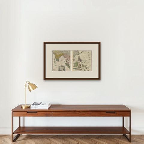 1748 Homann Heirs Double Map of the East Indies and Southeast Asia, shown framed on a wall, true to size