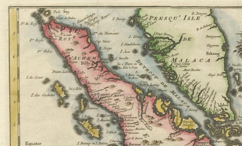Rare 1770 Bellin Map of Sumatra with Stunning Decorative Cartouches, close-up 1