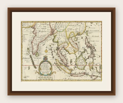 Old Map Covering All of Southeast Asia from Persia to the Timor Island, 1712, shown framed