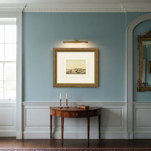 Antique Print of the Ciliwung Paddle Steamer in Tanjung Priok Harbour, Batavia, shown framed in a room, true to size