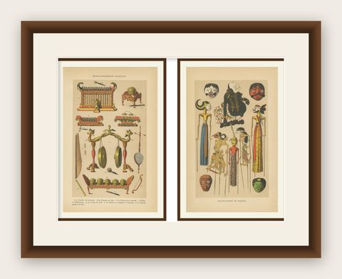Antique Javanese Prints, Gamelan Instruments & Wayang Puppets, c.1860, shown framed