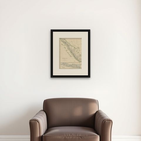 Antique Map of Sumatra by W. G. Blackie, 1859, shown framed on a wall, true to size