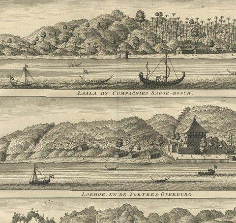 Antique Print with Three Views of Ambon by Valentijn, 1726, view 3