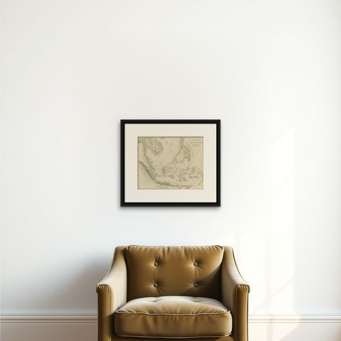 Original Antique Map of the Dutch East Indies, Nowadays Indonesia, ca.1840, shown framed on a wall, true to size