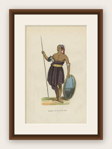 Antique Print of a Warrior of Savu Island Indonesia by H. Berghaus, 1855, shown framed