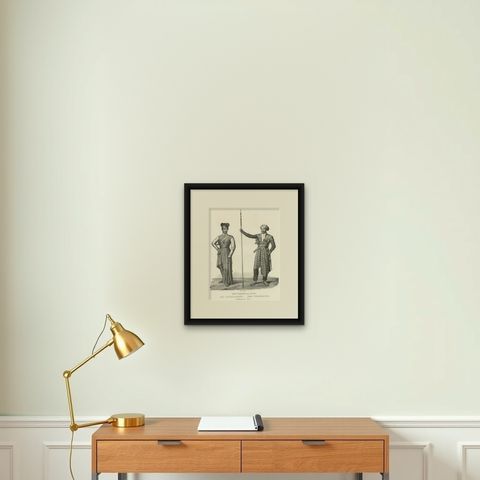 Antique Print of a Life Guard and Fighter of Java, Indonesia, shown framed on a wall, true to size