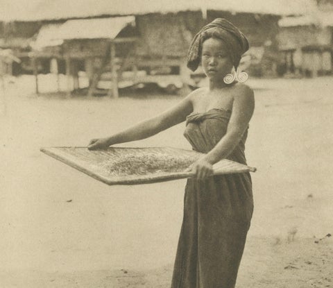 Batik, Sifting Rice & Women Working, Antique Photogravure of Batak People 1900, close-up 2