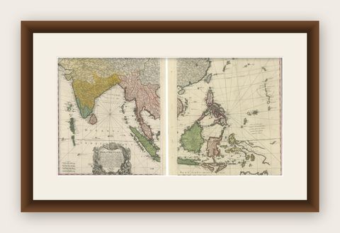 1748 Homann Heirs Double Map of the East Indies and Southeast Asia, shown framed