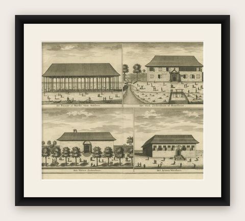 Antique Print of the Market, Hospital and Orphanage of Ambon by Valentijn, 1726, shown framed