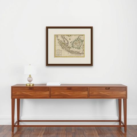 Antique Map of the Sunda Islands Sumatra, Java, Malay Peninsula & Borneo (1739), shown framed on a wall, true to size