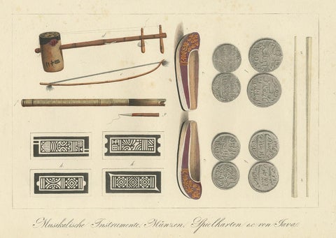 Print of Musical Instruments and Other Items of Java by Hurter 'circa 1830', view 2