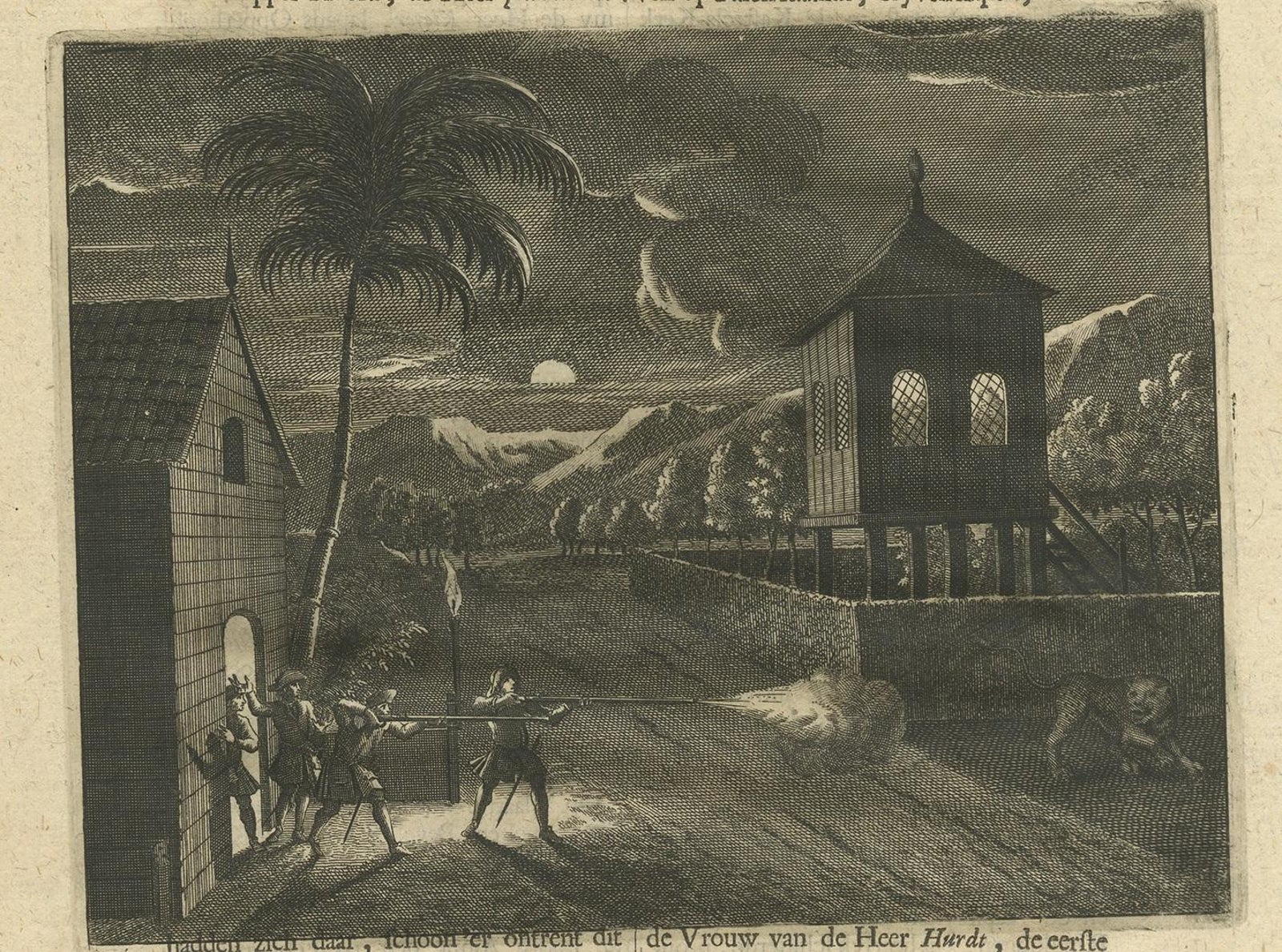 Antique Print of Dutch Guards and a Tiger by Valentijn, 1726
