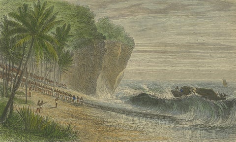 Landing Through the Surf, Ceram, late 19th-century hand-colored wood engraving, close-up 2