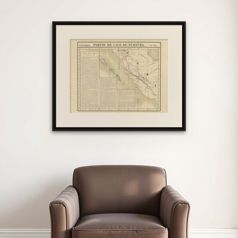 Antique Map of West Sumatra by P.M.G. Vandermaelen, 1827, shown framed on a wall, true to size