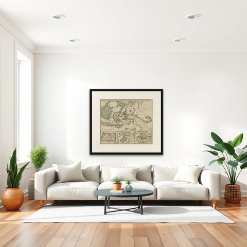 Old Map of the East Indonesian Islands Borneo, Celebes, New Guinea, Bali, 1792, shown framed in a room, true to size