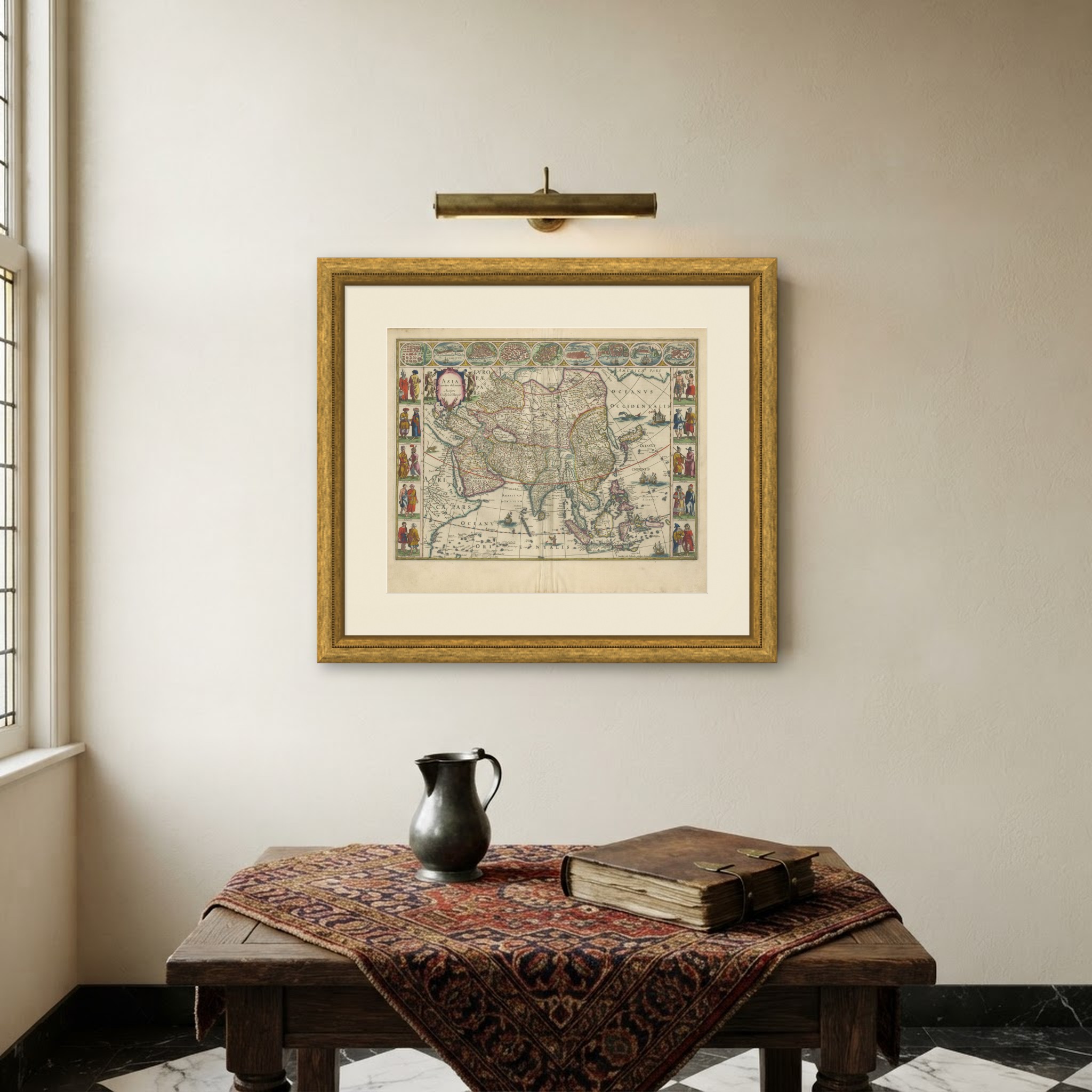 Antique Blaeu Map of Asia, Arabia Felix and the East Indies, 1642, shown framed on a wall, true to size