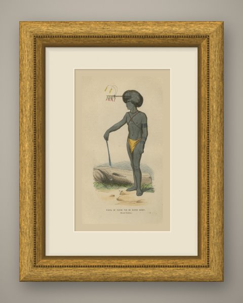 Papuan Man of Dorey Harbor, New Guinea, Antique Hand-Colored Print, 1854, shown framed