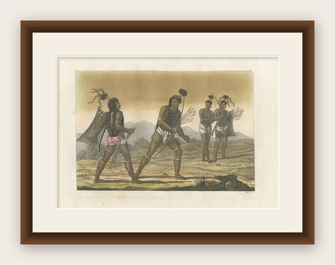Antique Print of Warriors on Ombai Island by Ferrario, '1831', shown framed